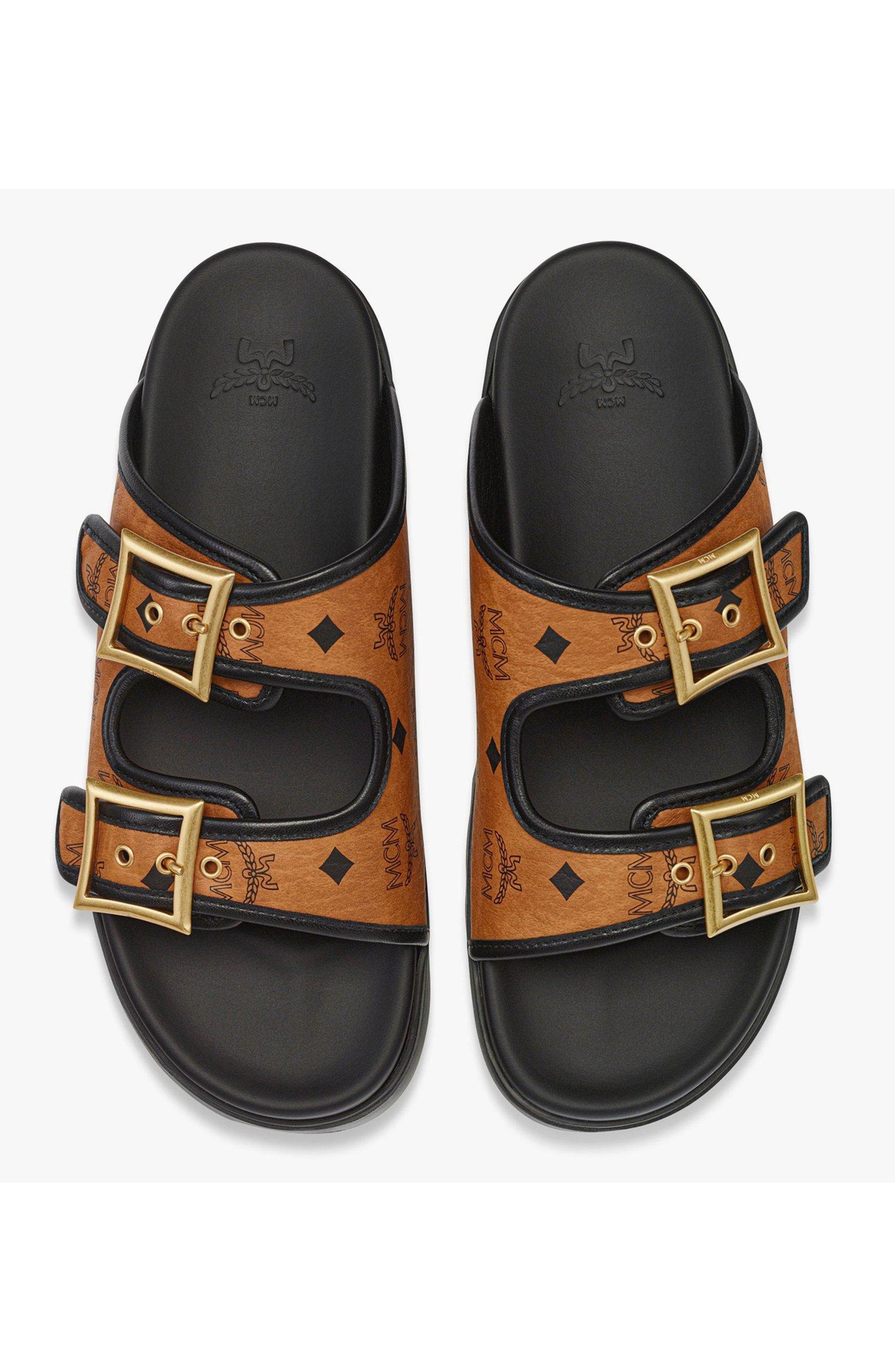 MCM Sandals in Visetos, Alternate, color, Cognac