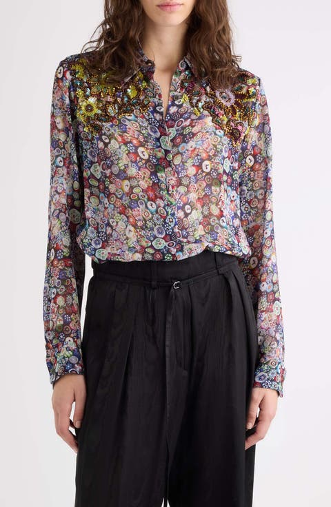 Chowy Embellished Print Georgette Button-Up Shirt
