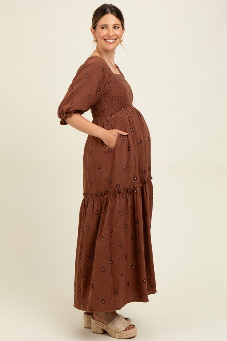 Floral Smocked Puff Sleeve Maxi Dress, Alternate, color, Brown