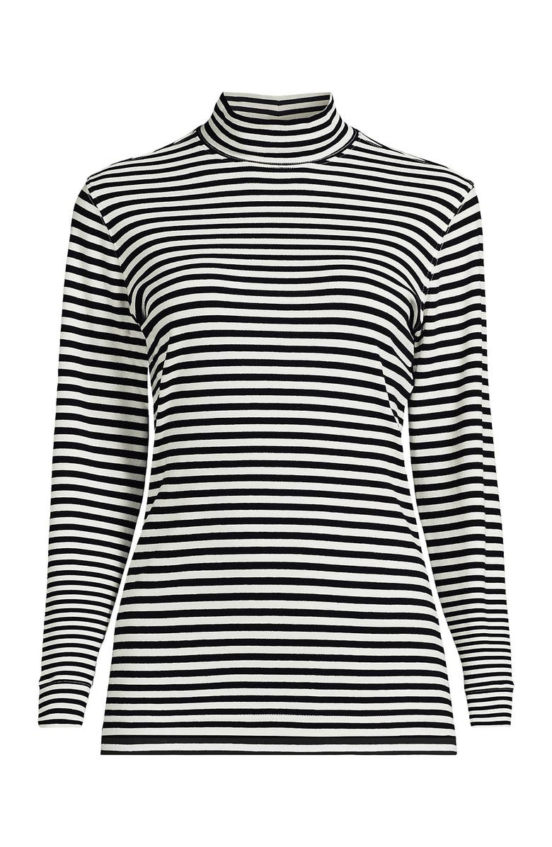 Lands' End Relaxed Cotton Long Sleeve Mock Turtleneck, Alternate, color, Black Even Stripe