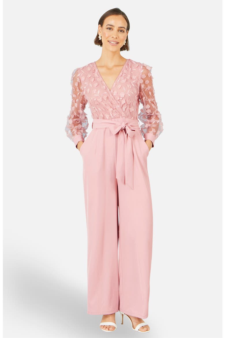 Sash Waist Floral Applique Wrap Jumpsuit, Main, color, Pink