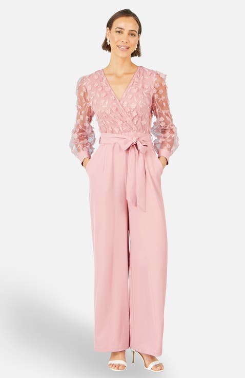 Sash Waist Floral Applique Wrap Jumpsuit