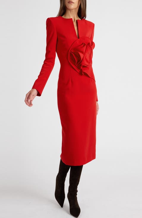 Maya Long Sleeve Midi Dress in Stretch Crepe