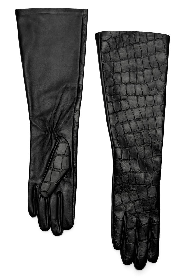 Selection Long Croc Embossed Leather Gloves, Main, color, BLACK