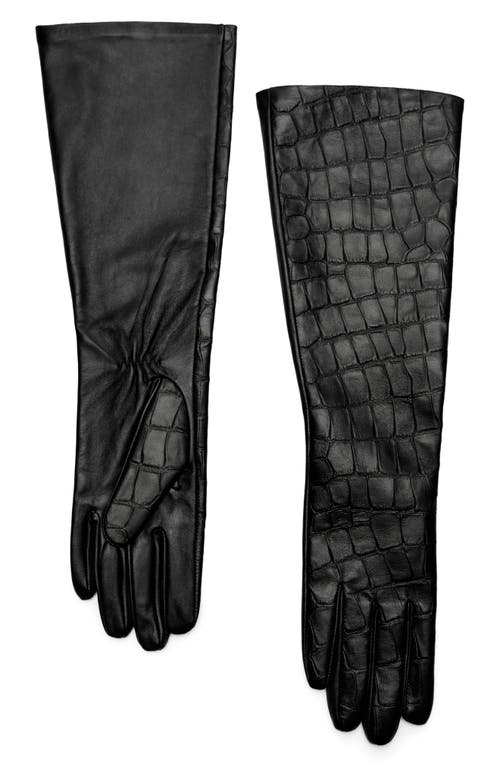 Mango Long Croc Embossed Leather Gloves In Black