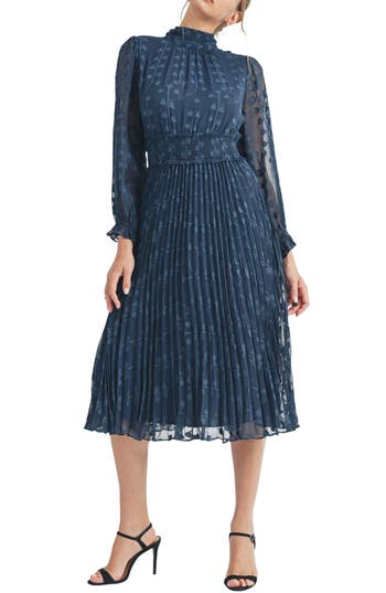 Mila Mae Mock Neck Long Sleeve Pleated Chiffon Midi Dress In Navy