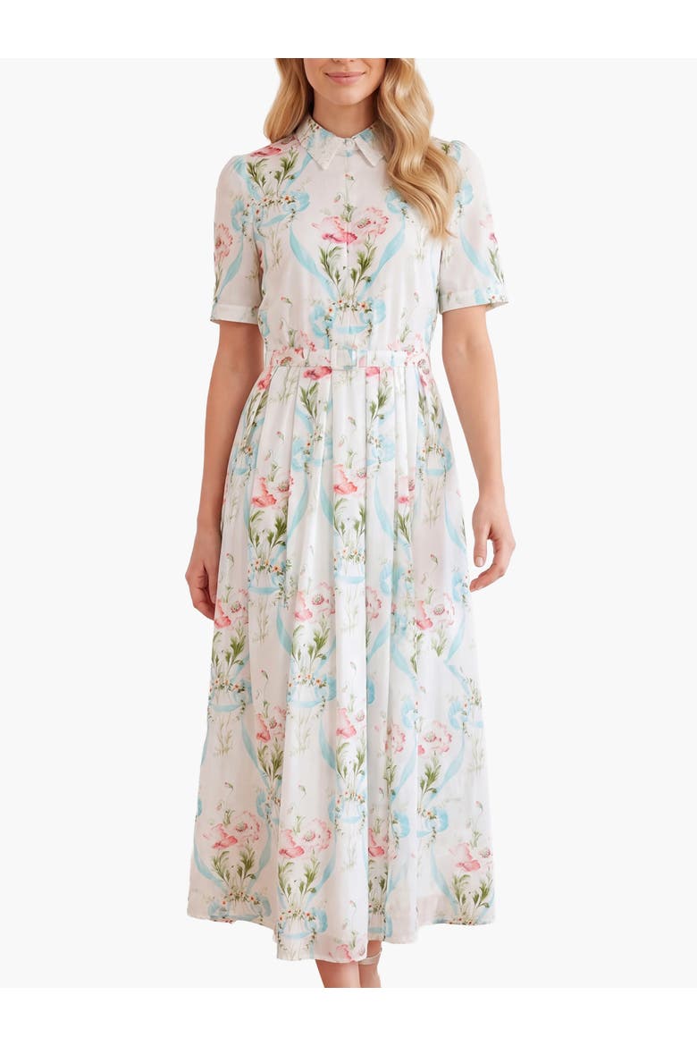 Floral Ribbon Cotton Short Sleeve Dress, Main, color, Optic White/Blue
