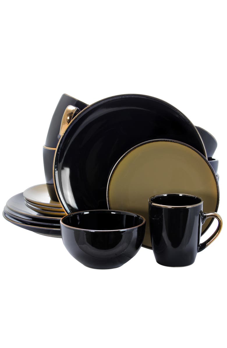 Elama Cambridge Grand 16-Piece Dinnerware Set in Luxurious Black and Warm Taupe with Complete Setting for 4, Main, color, Black