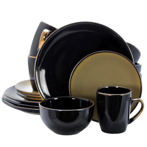 Cambridge Grand 16-Piece Dinnerware Set in Luxurious Black and Warm Taupe with Complete Setting for 4