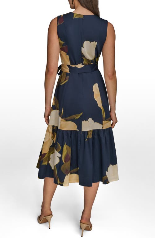 Donna Karan Sleeveless Faux Wrap Midi Dress In Blue