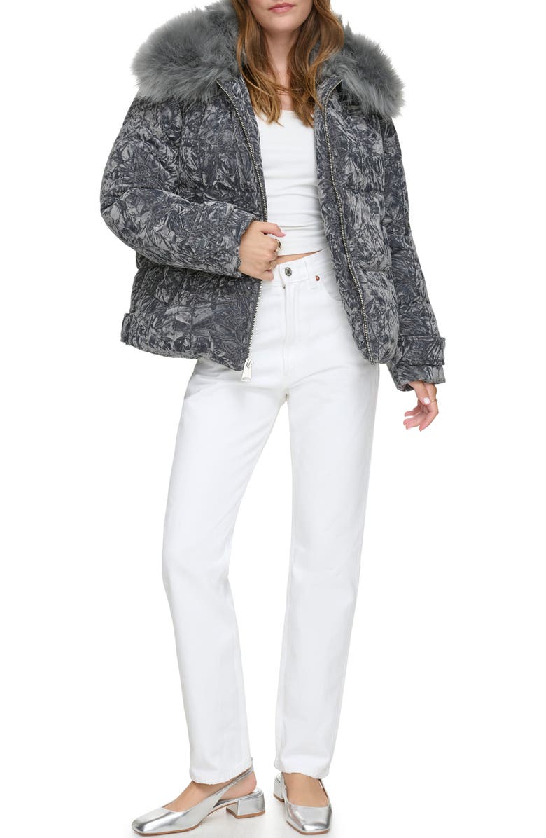 Andrew Marc Charleroi Faux Fur Collar Down & Feather Fill Velvet Puffer Jacket, Alternate, color, Peppercorn