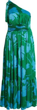 SUGARLIPS Sea Moss Floral Bayou One-Shoulder Satin Maxi Dress