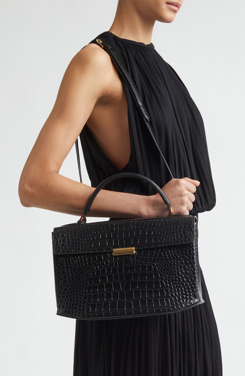 TOTEME Clip Croc-Embossed Leather Top Handle Bag, Alternate, color, Black