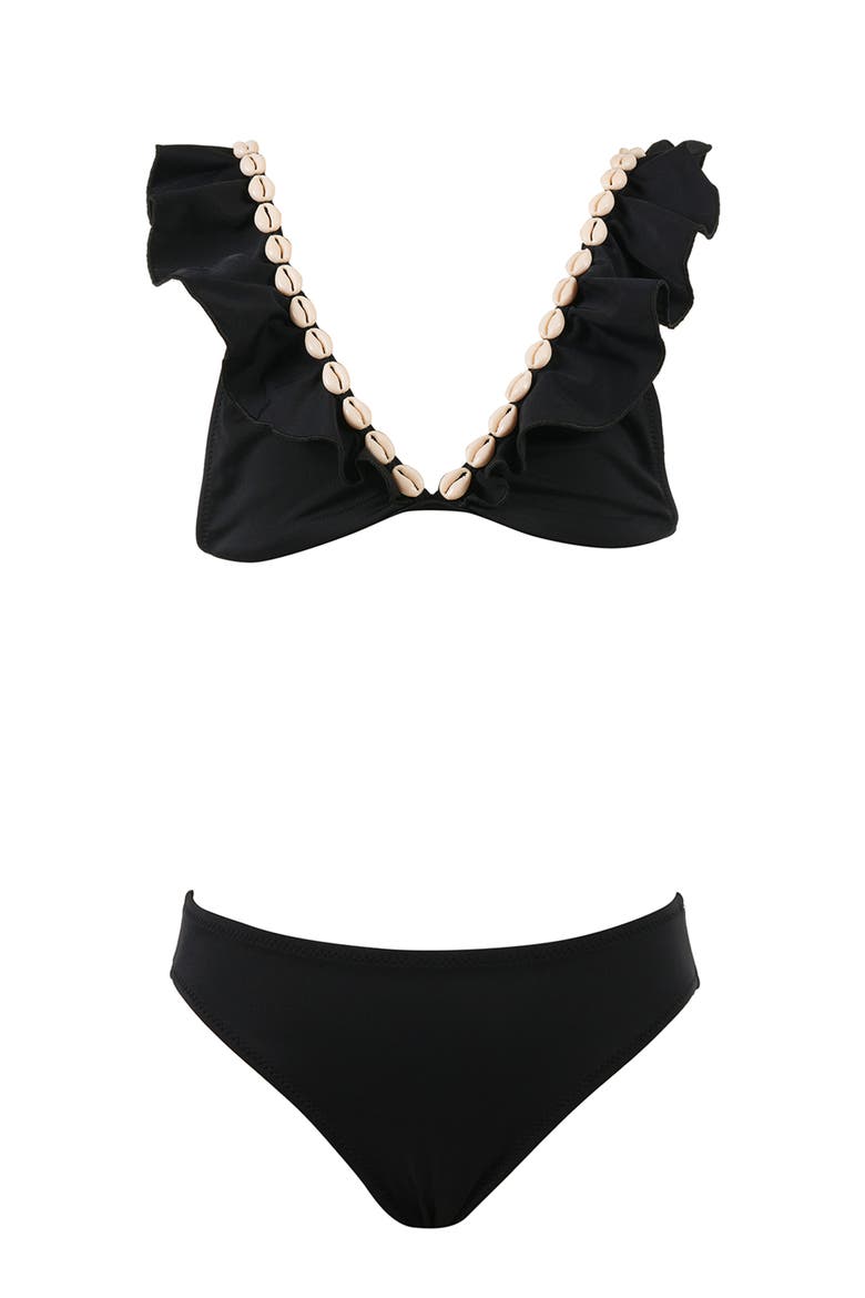 V-Neck Shell-Adorned Ruffled Two-Piece Bikini, Main, color, Black