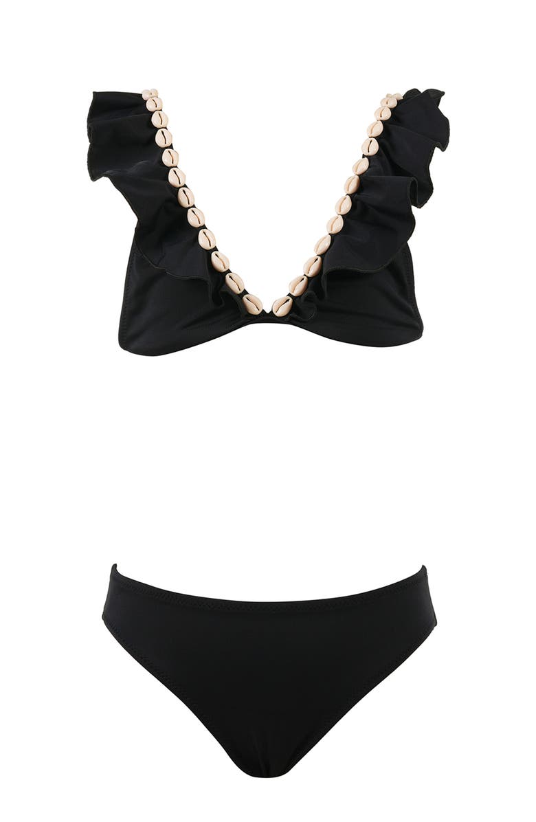NESSI BYRD V-Neck Shell-Adorned Ruffled Two-Piece Bikini, Main, color, Black