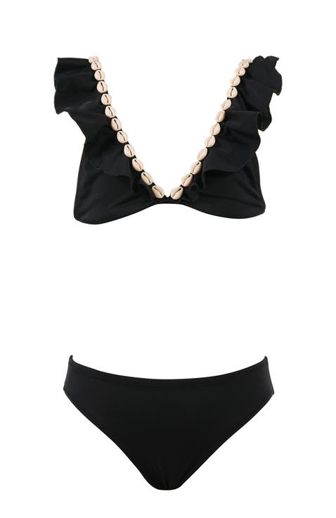 V-Neck Shell-Adorned Ruffled Two-Piece Bikini