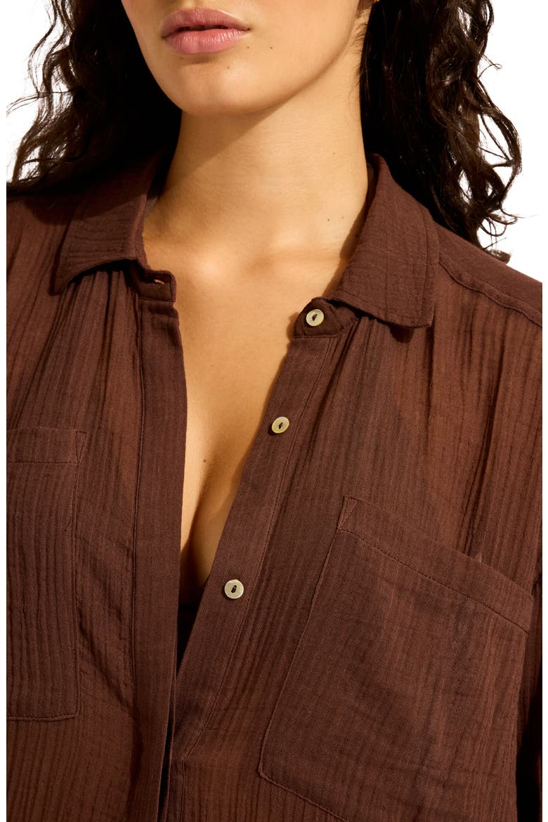 Crinkle Twill Cover-Up Beach Shirt, Alternate, color, DARK CHOCOLATE