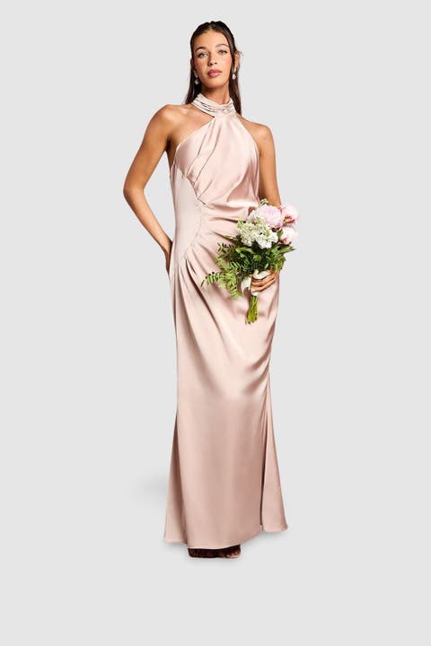Satin Asymmetric Neck Maxi Dress