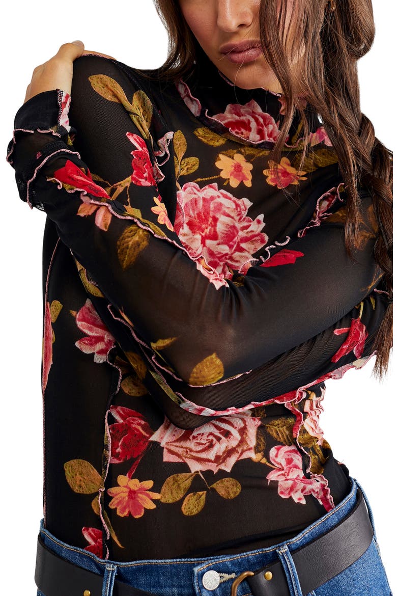 Charlie Print Turtleneck Mesh Top, Alternate, color, BLACK COMBO