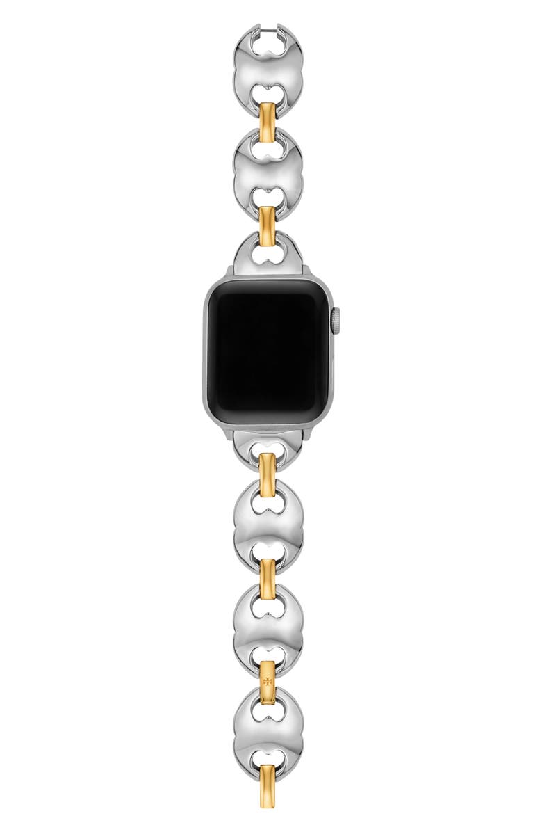 Tory Burch The Double T Link Two-Tone 18mm Apple Watch<sup>®</sup> Bracelet Watchband, Alternate, color, Two Tone