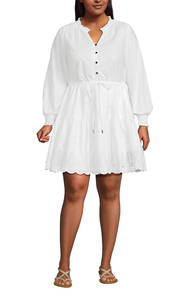 Lands' End Long Sleeve Eyelet Mini Popover Dress, Main, color, 