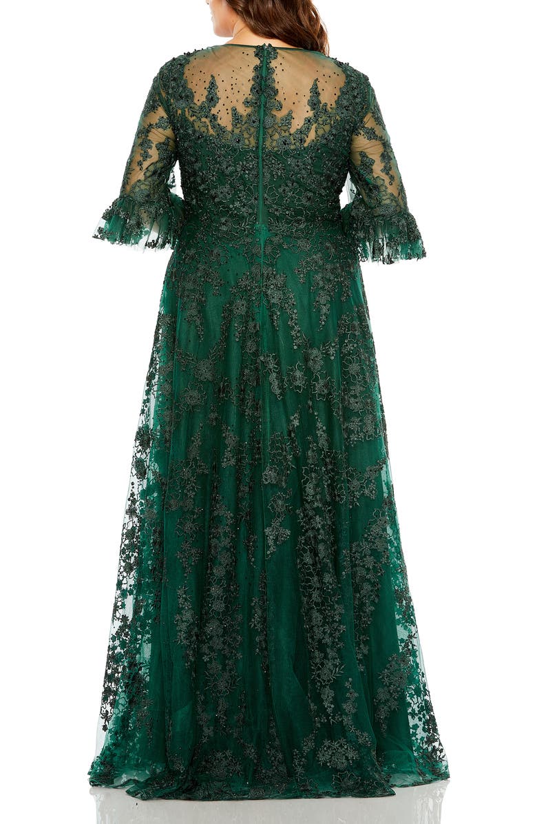 Mac Duggal High Neck Flutter Sleeve Embroidered A Line Gown, Alternate, color, Emerald