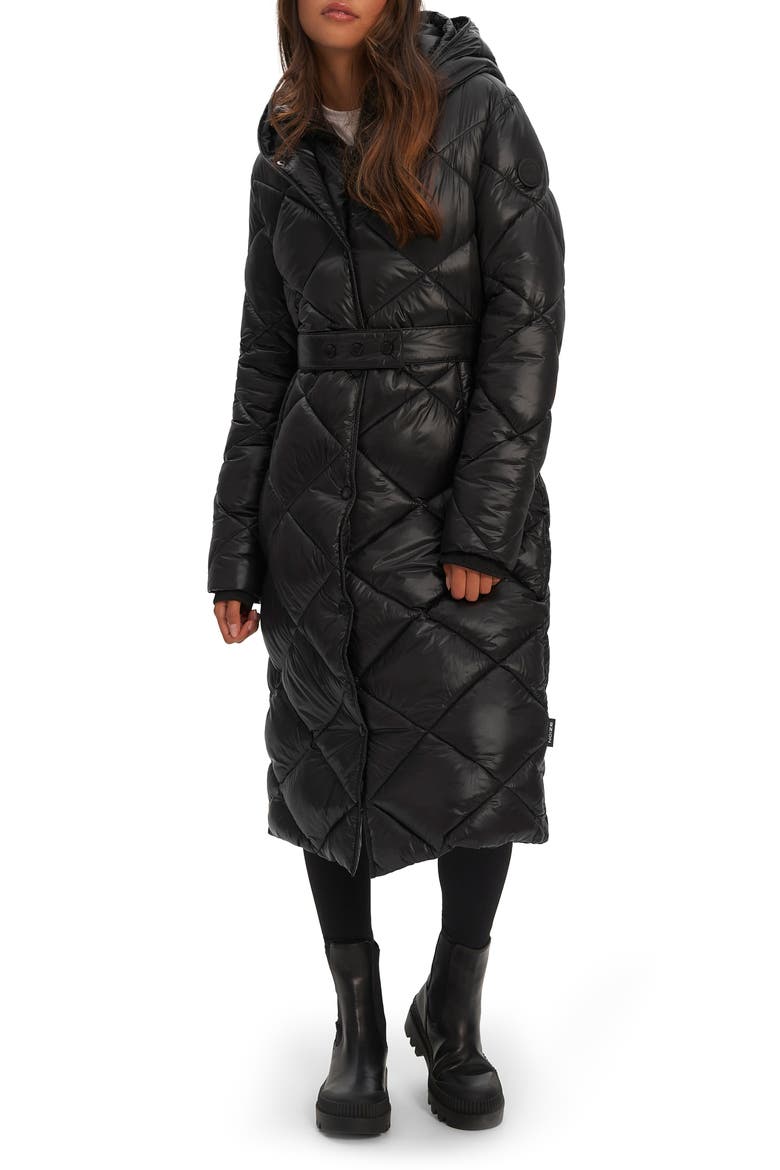 Amiyah Belted Diamond Quilt Longline Jacket, Main, color, BLACK