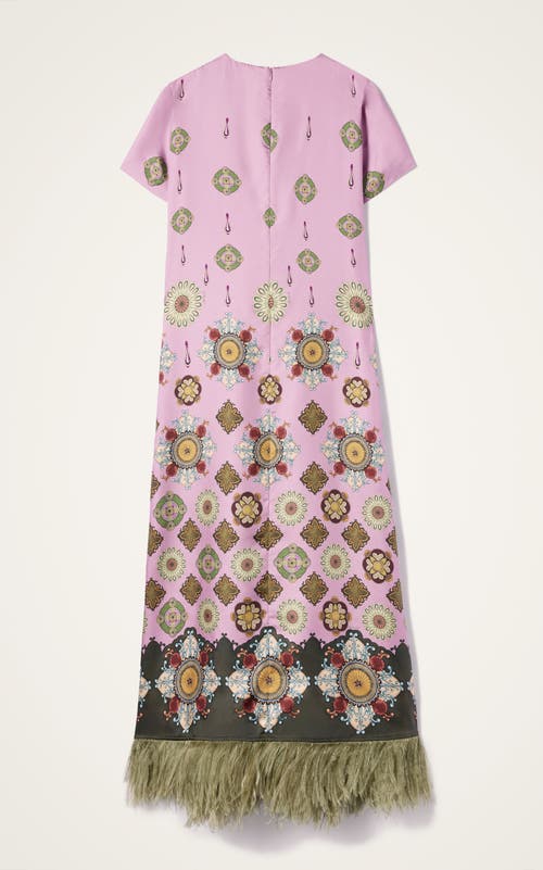 La Doublej Swing Feather-trimmed Printed Silk-twill Maxi Dress In Pink