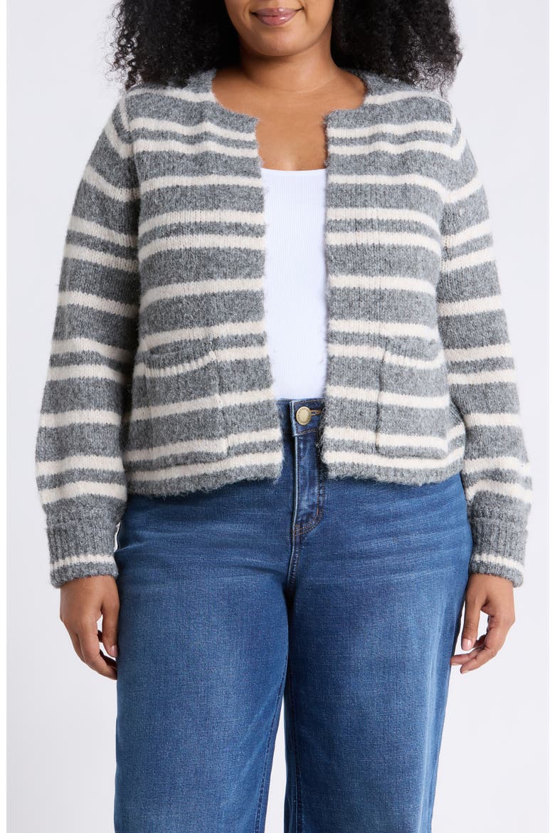 Striped Blouson Sleeve Cardigan, Main, color, LIGHT GREY/ ECRU