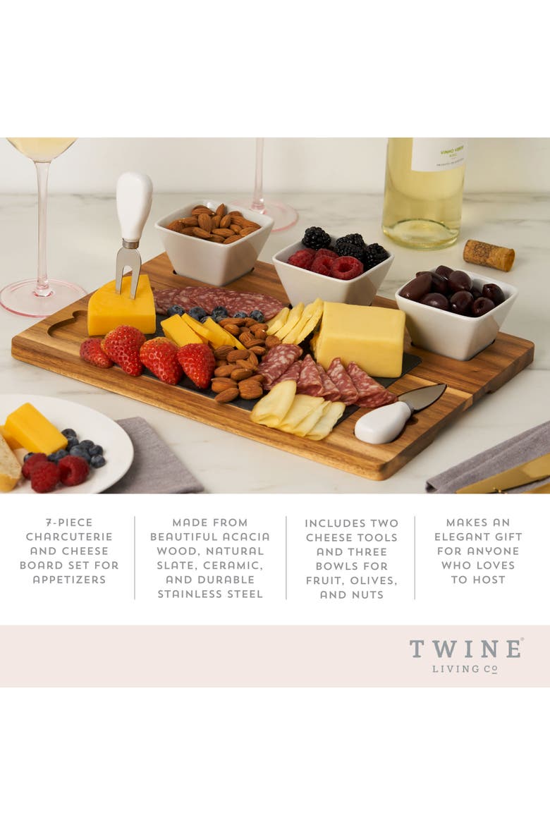 Acacia Wood & Slate Cheese Board Set with Ceramic Bowls, Alternate, color, Brown