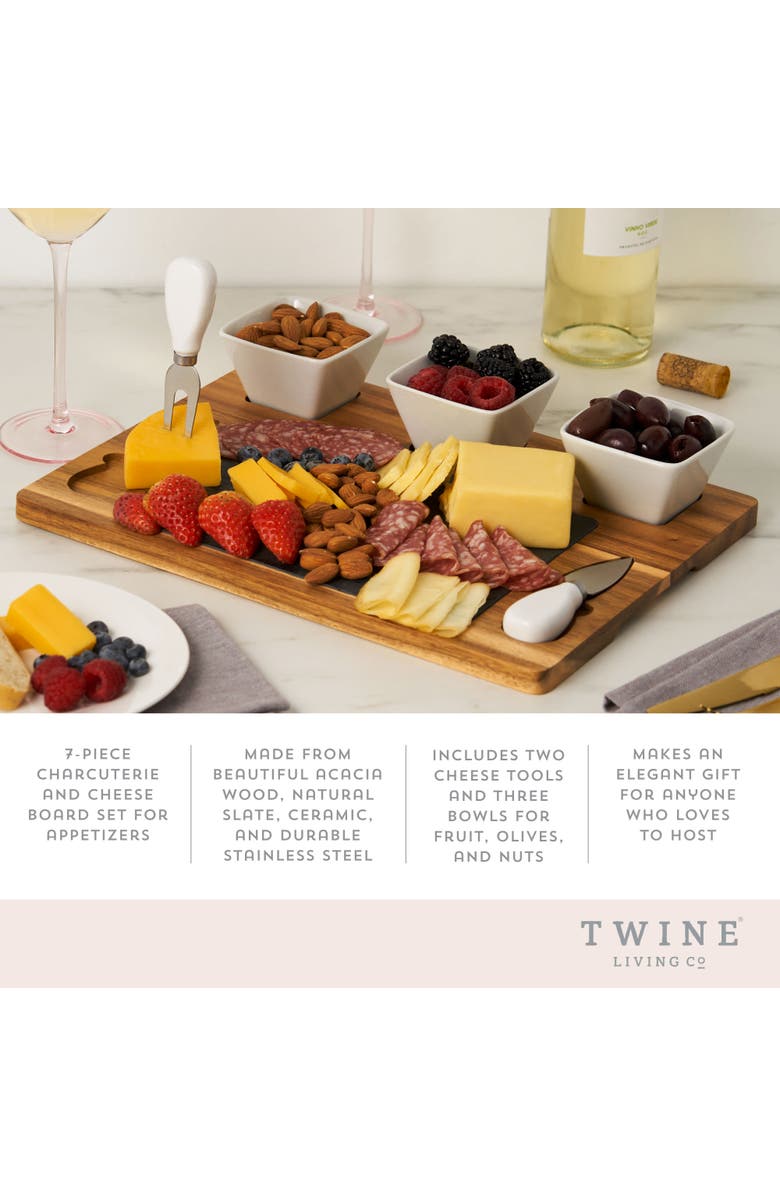 TWINE Acacia Wood & Slate Cheese Board Set with Ceramic Bowls, Alternate, color, Brown