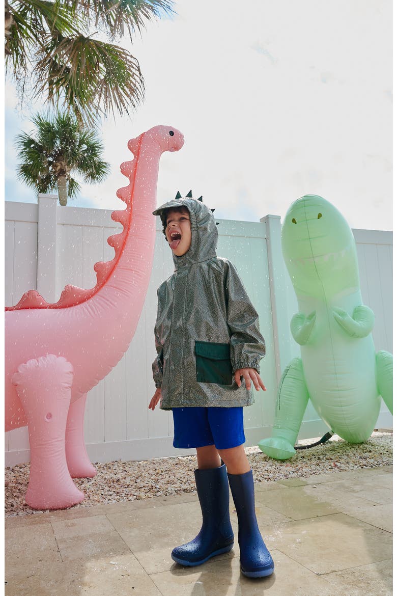 Kids' Dino Sparkle Water Resistant Hooded Raincoat, Alternate, color, GREEN