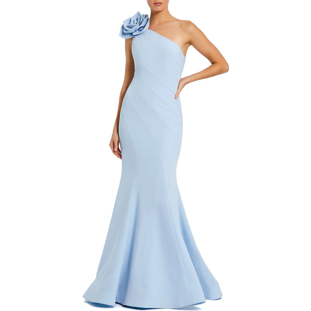 Mac Duggal Crepe One Shoulder Mermaid Gown With 3d Flower In Blue