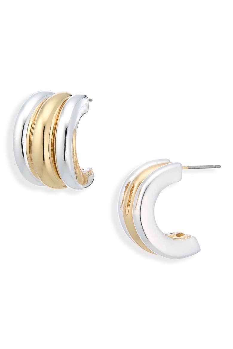Two-Tone Huggie Hoop Earrings, Main, color, GOLD/ SILVER