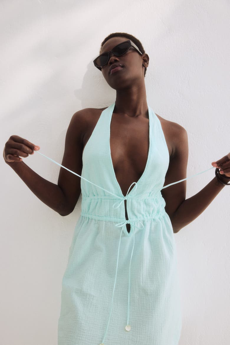 Cotton Halterneck Beach Dress, Alternate, color, Light turquoise