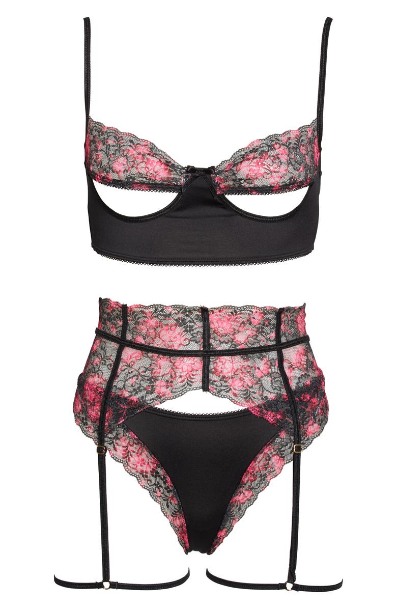 Mapale Lace Open Cup Bra, Garter Belt & Thong, Alternate, color, 