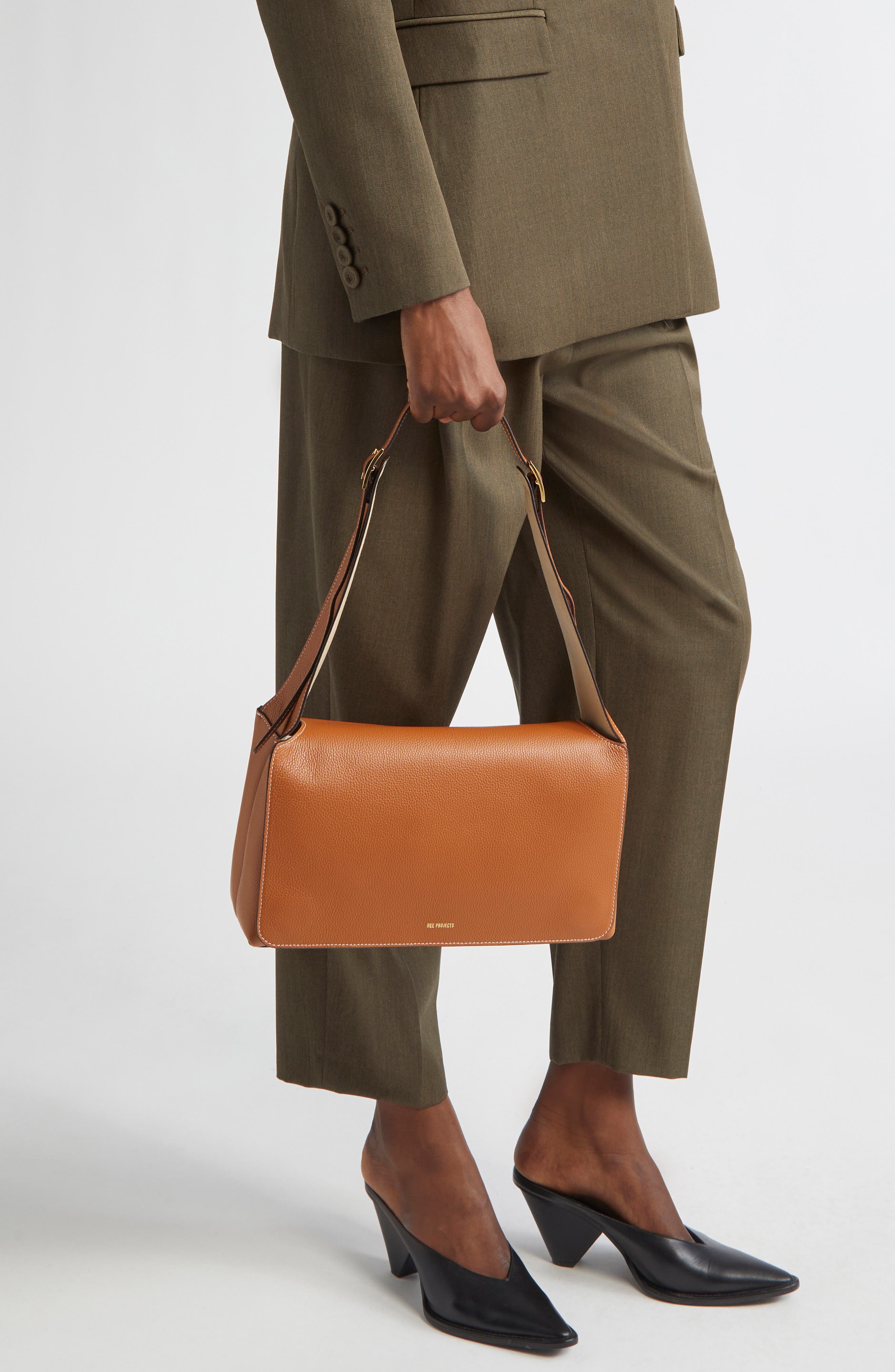 Ree Projects Florencia Soft Pebble Grain Leather Shoulder Bag, Alternate, color, Caramel