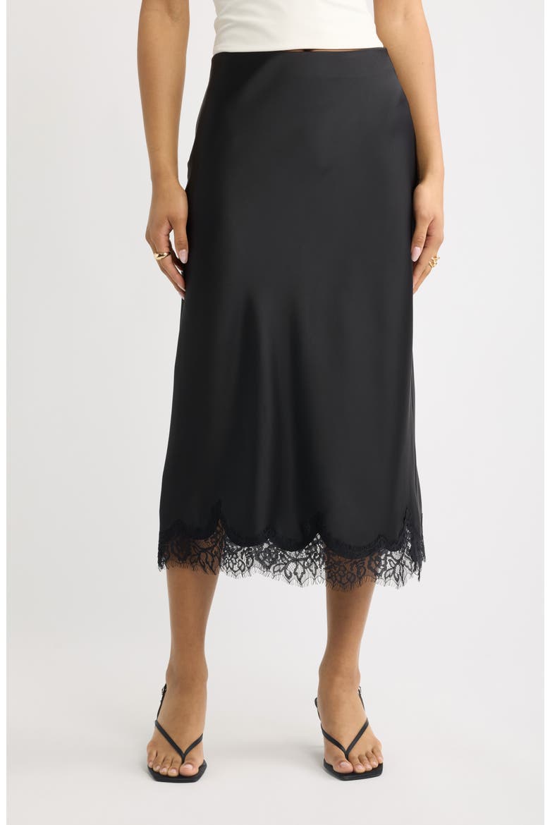 Lace Trim Satin Midi Skirt, Main, color, BLACK