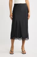 Open Edit Lace Trim Satin Midi Skirt