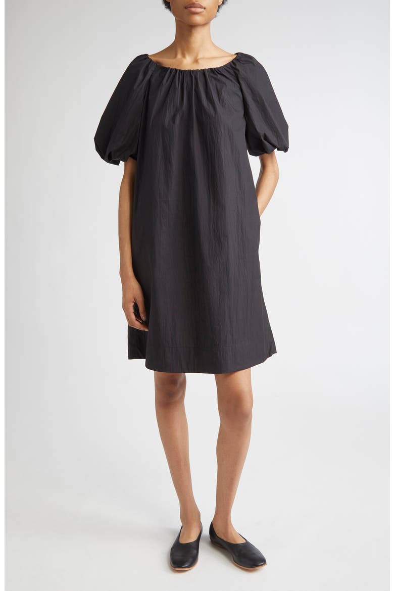 Gathered Neck Travel Cotton Blend Dress, Main, color, BLACK