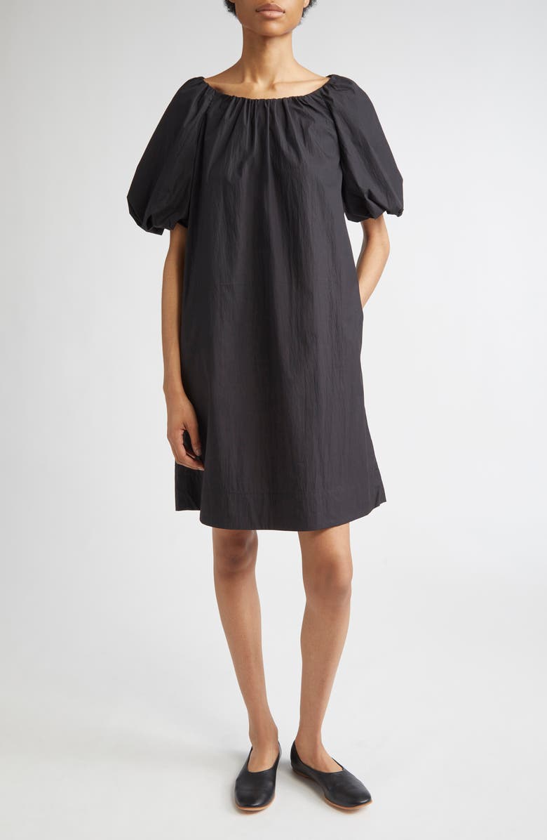 Lafayette 148 New York Gathered Neck Travel Cotton Blend Dress, Main, color, Black
