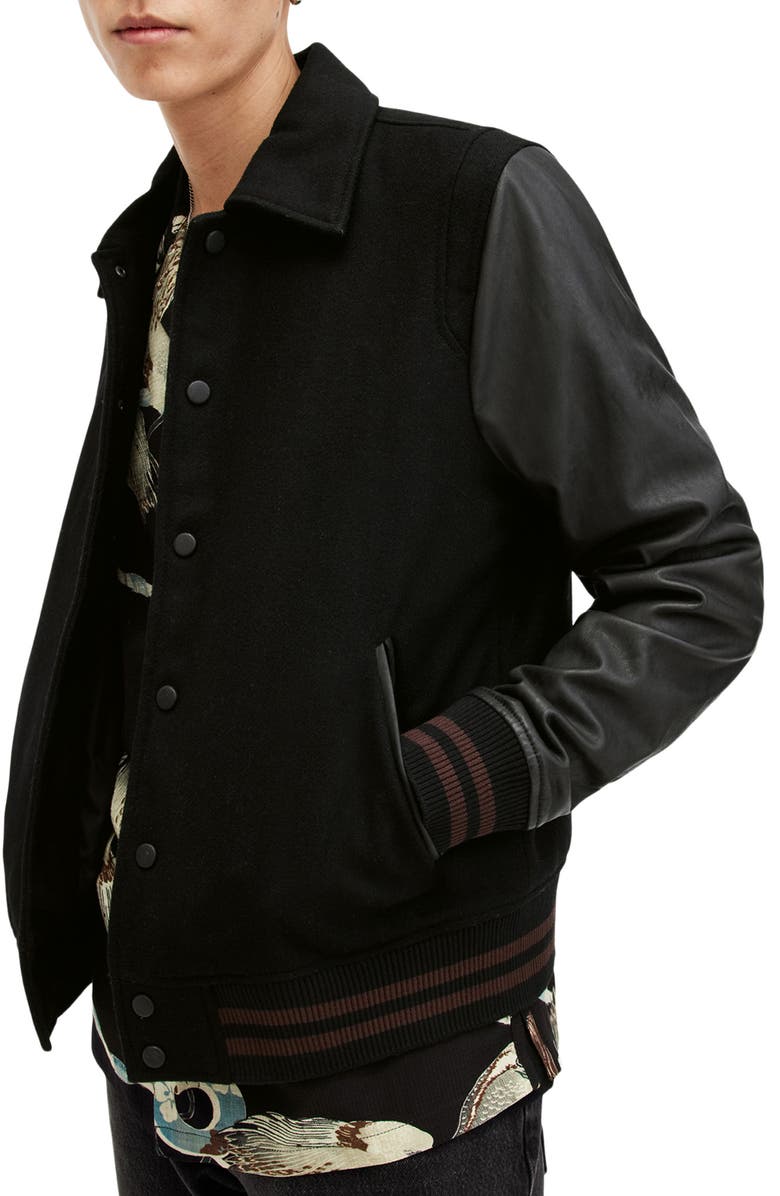 AllSaints Mason Wool Blend & Leather Varsity Jacket, Alternate, color, 