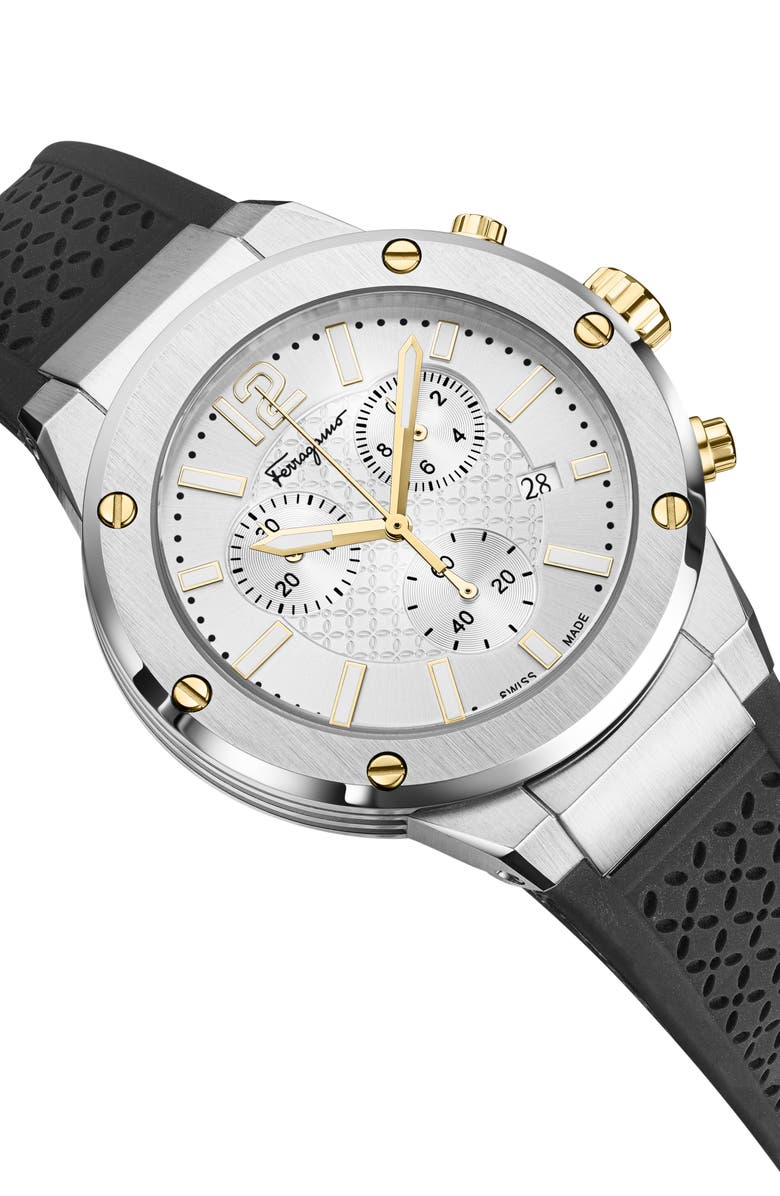 FERRAGAMO Silicone Strap Chronograph Watch, 42mm, Alternate, color, Stainless Steel
