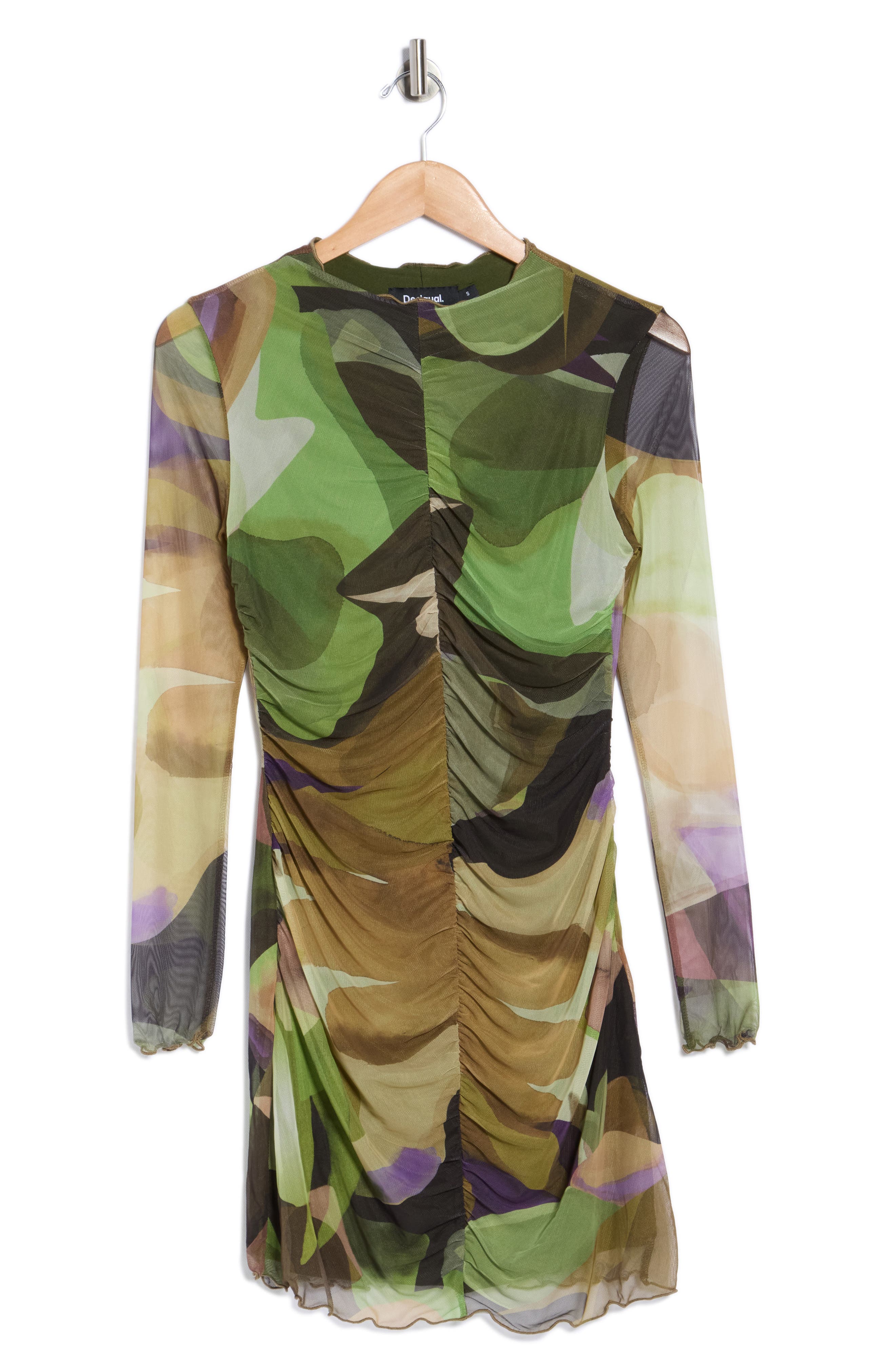 Desigual Ruched Long Sleeve Mesh Minidress