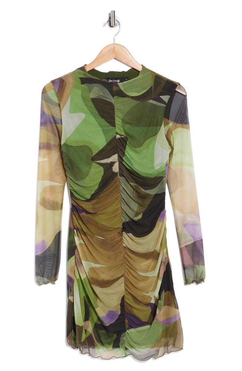 Desigual Ruched Long Sleeve Mesh Minidress, Main, color, Light Green