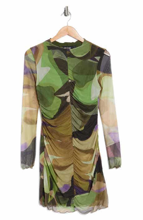 Desigual Ruched Long Sleeve Mesh Minidress