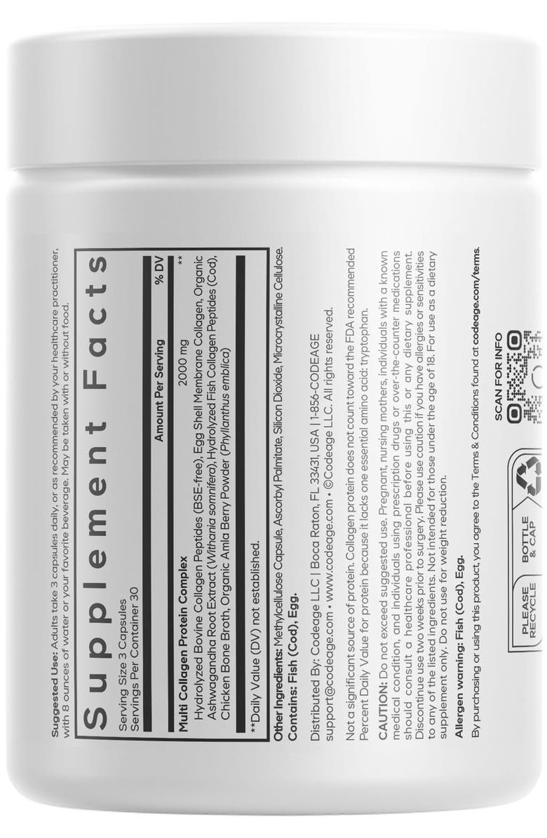 Codeage Multi Collagen Protein + Ashwagandha & Amla Berry Supplement, Alternate, color, White