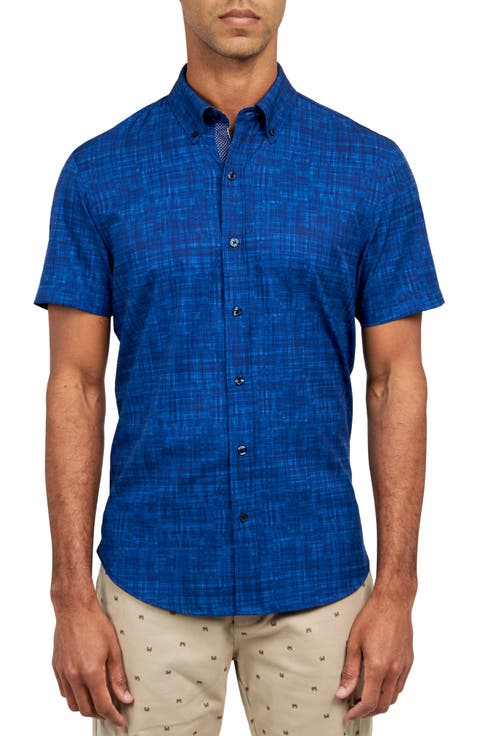 Slim Fit Four-Way Stretch Performance Chambray Short Sleeve Button-Down Shirt