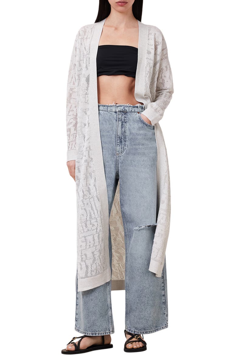 AllSaints Kaito Open Stitch Sheer Mesh Open Front Longline Cardigan, Alternate, color, 