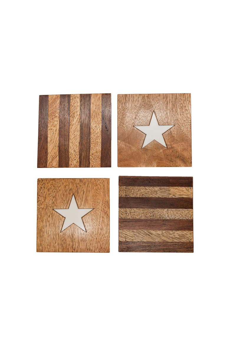 Set of 4 Stars & Stripes Coasters Mango Wood & Resin, Alternate, color, Brown